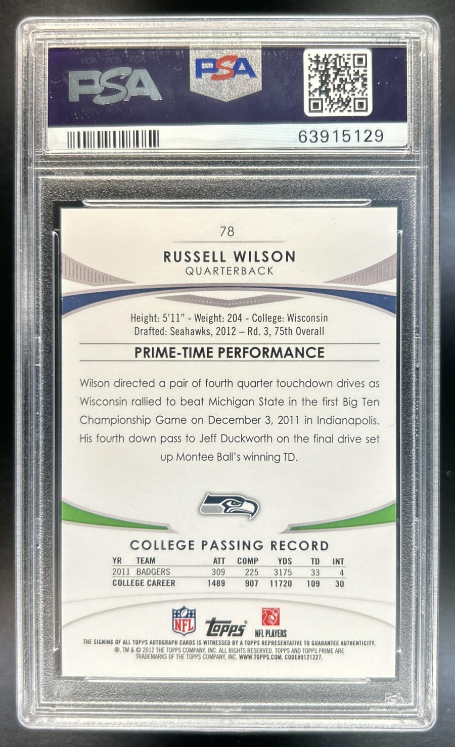 Russell Wilson 2012 Topps Prime Hobby #78 Rookie Auto Silver Rainbow 5/50 RC Seahawks PSA 6