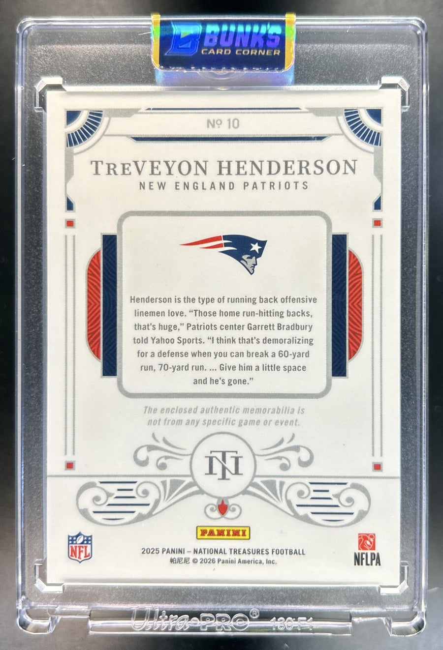 TreVeyon Henderson 2025 Panini National Treasures #10 Rookie Dual Materials 64/99 MEM RC Patriots