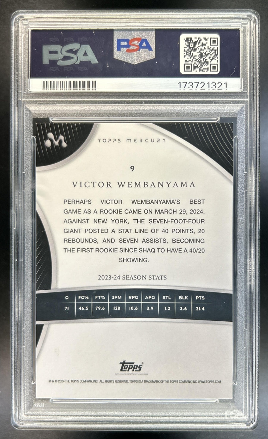 Victor Wembanyama 2023-24 Topps Mercury #9 Gold Refractor 8/50 RC Spurs PSA 9