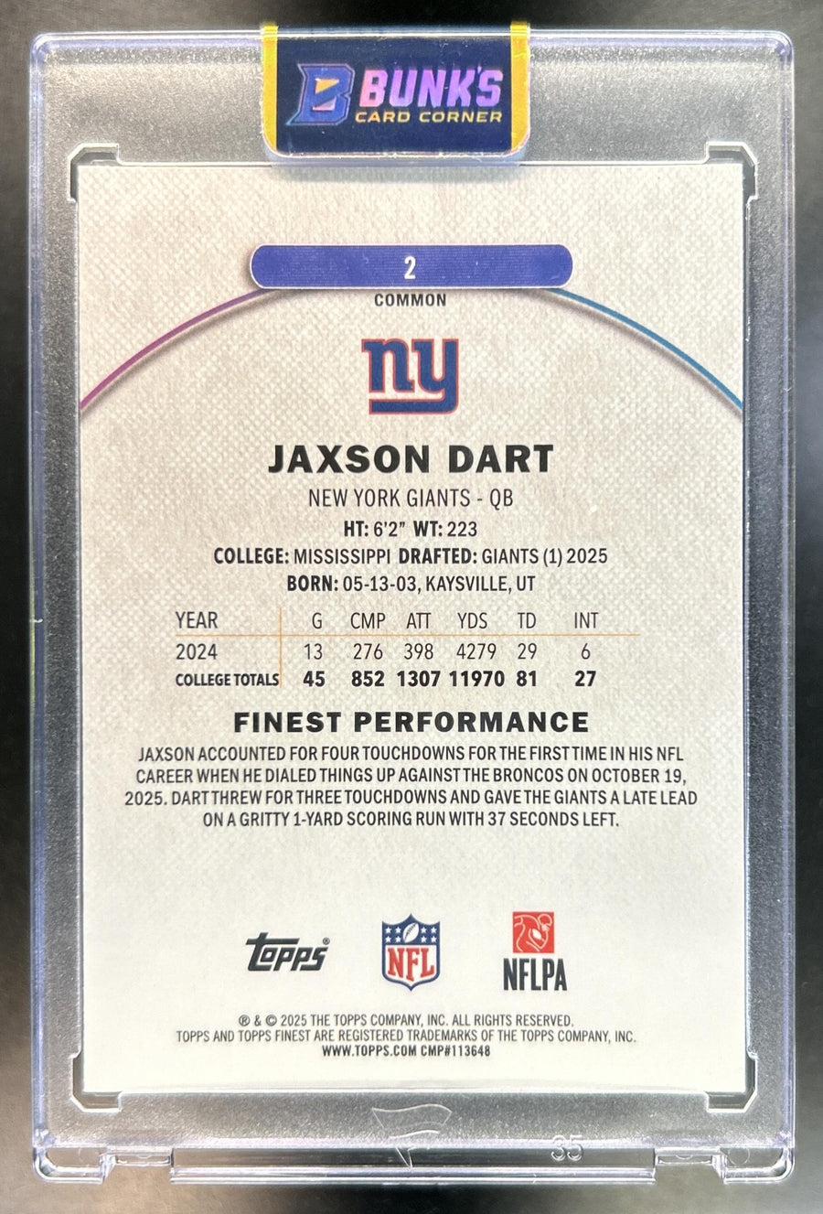 Jaxson Dart 2025 Topps Finest #2 Blue X-Fractor 29/99 RC Giants