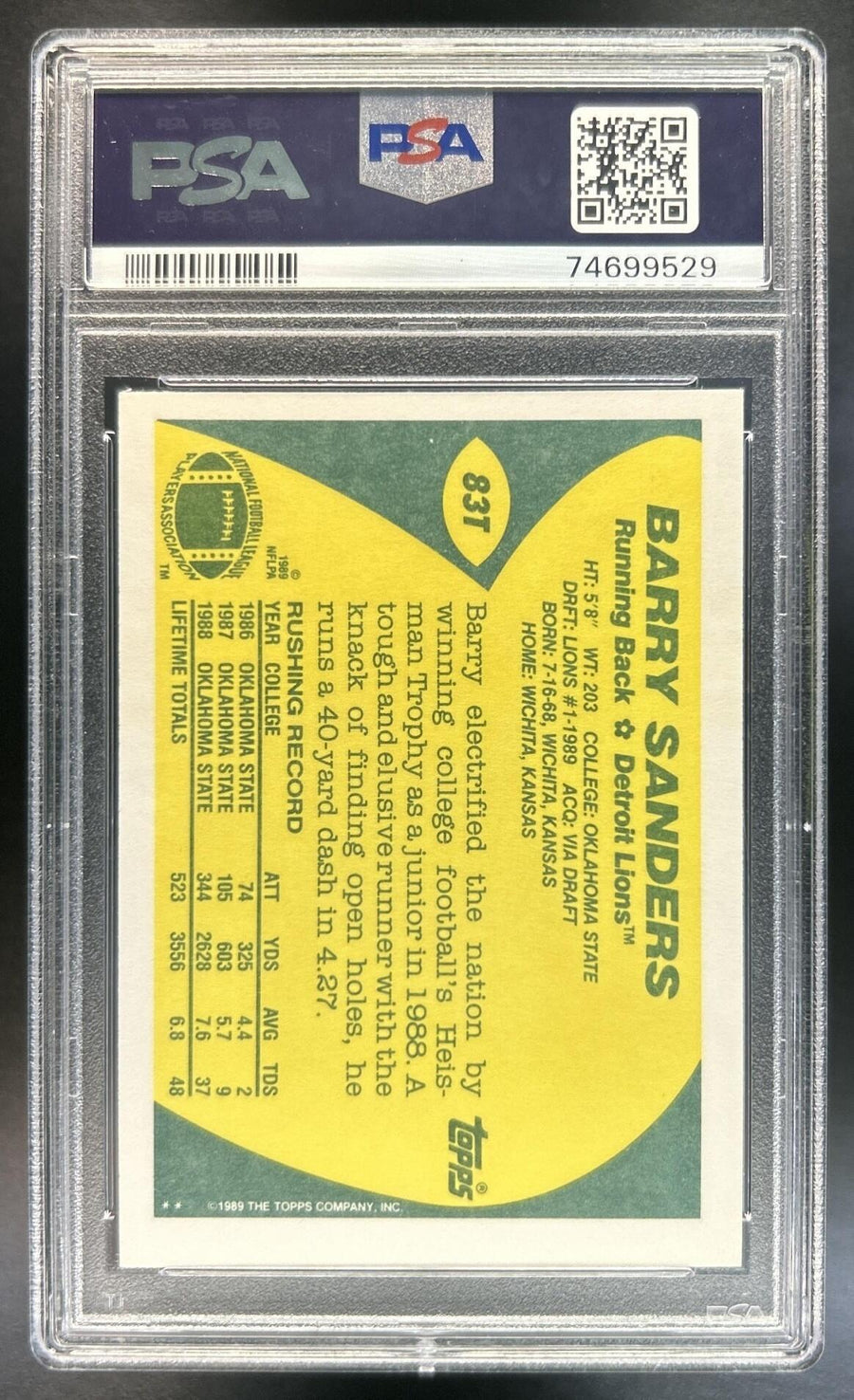 Barry Sanders 1989 Topps Traded #83T RC Lions PSA 9