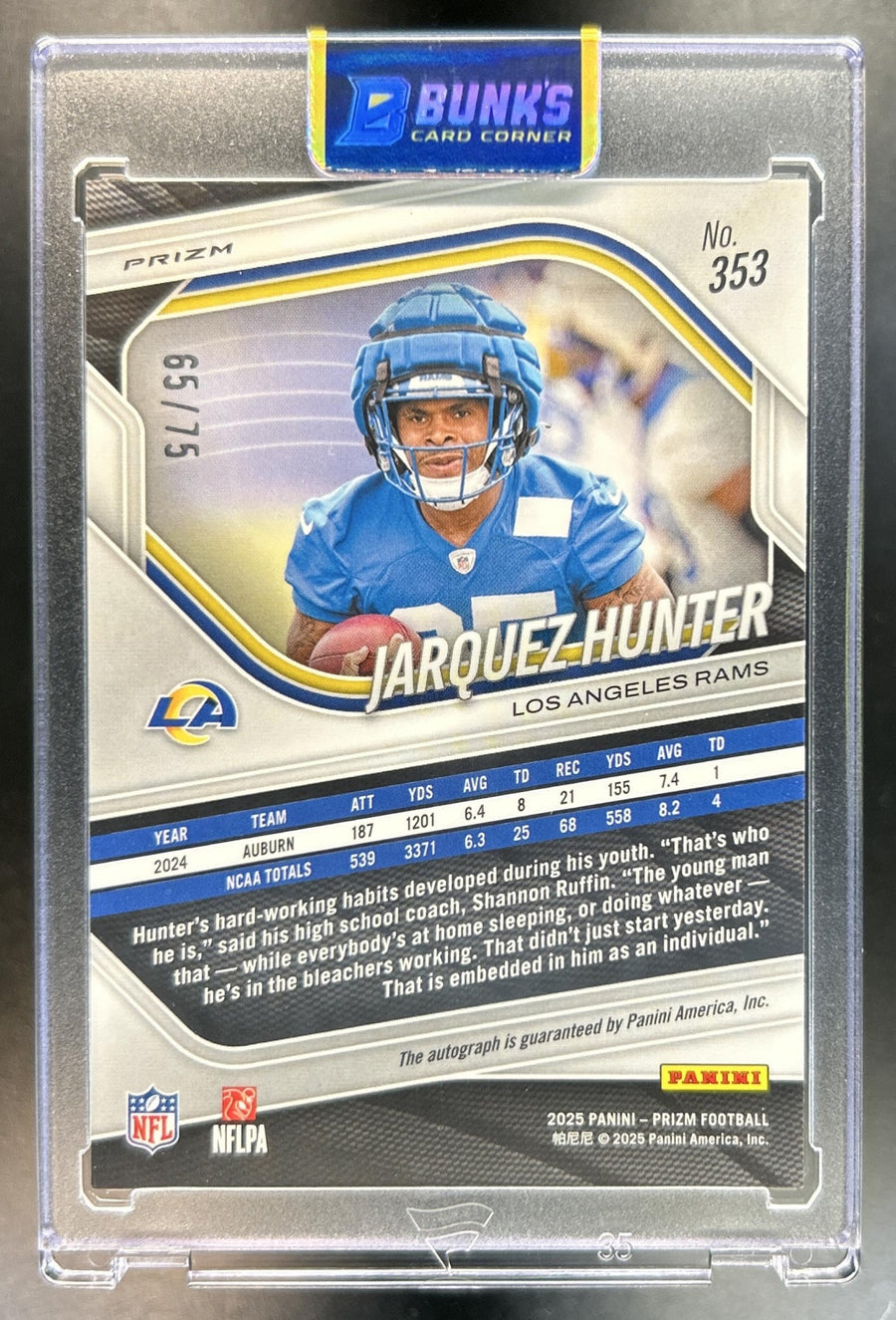 Jarquez Hunter 2025 Panini Prizm #353 Rookie Auto Green Scope 65/75 RC Rams