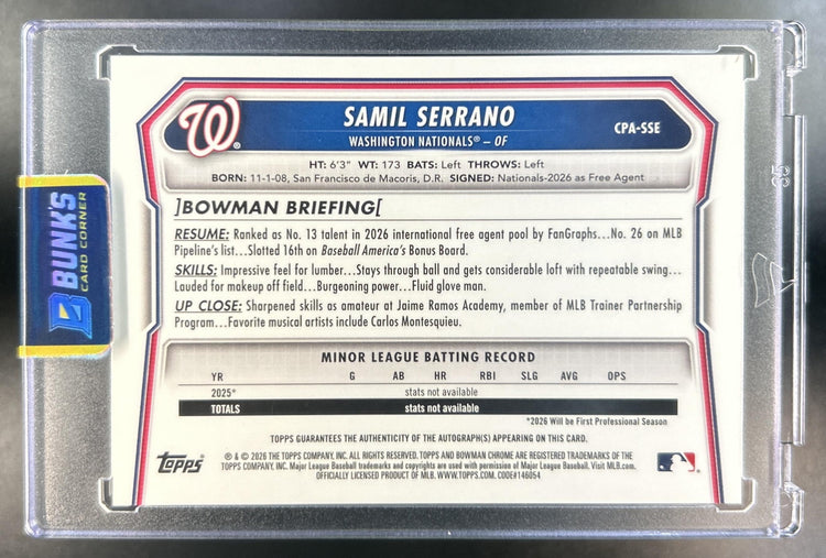 Samil Serrano 2026 Bowman Chrome #CPA-SSE Auto Pop Corn Refractor 2/5 1st Prospect Nationals