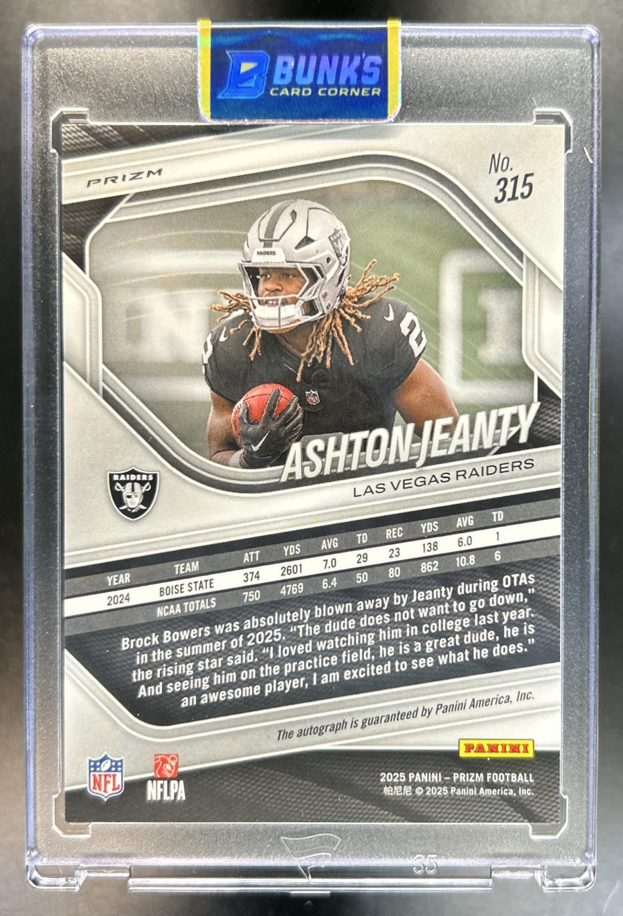 Ashton Jeanty 2025 Panini Prizm #315 Rookie Auto Pink RC Raiders