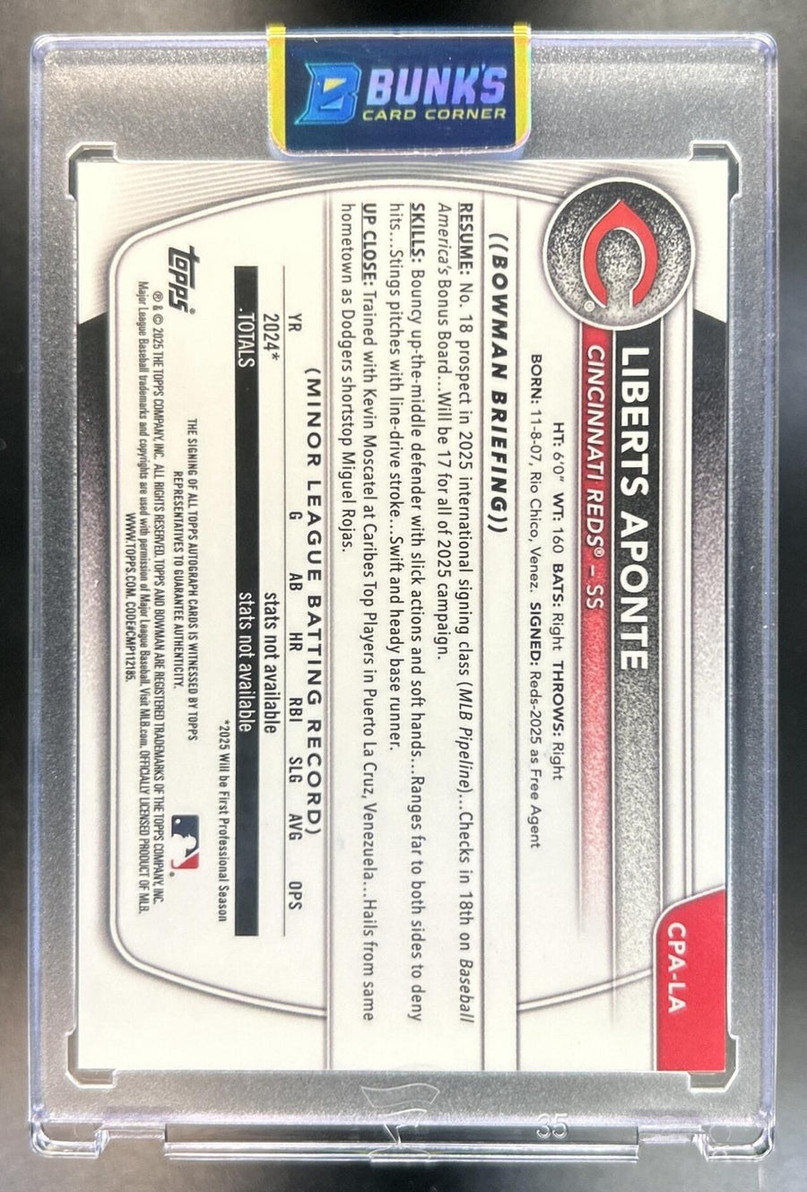 Liberts Aponte 2025 Bowman Chrome #CPA-LA Auto Orange Wave Refractor 21/25 1st Prospect Reds