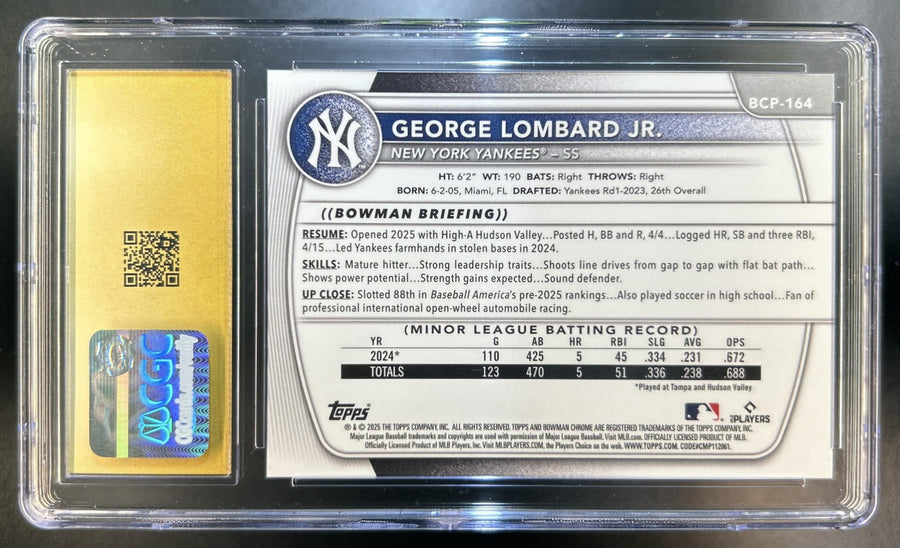 George Lombard Jr. 2025 Bowman Chrome #BCP-164 Prospects Shimmer Refractor Yankees CGC 10