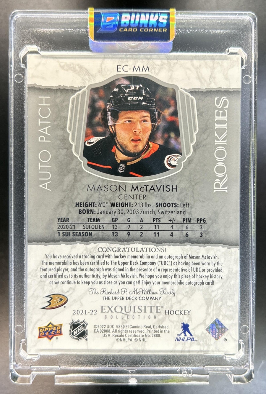 Mason McTavish 2021-22 Upper Deck The Cup #EC-MM Exquisite Collection Rookie Auto Patch 10/37 MEM RC Ducks