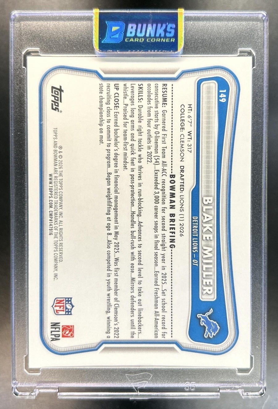 Blake Miller 2026 Bowman #149 NFL Black 4/10 RC Lions