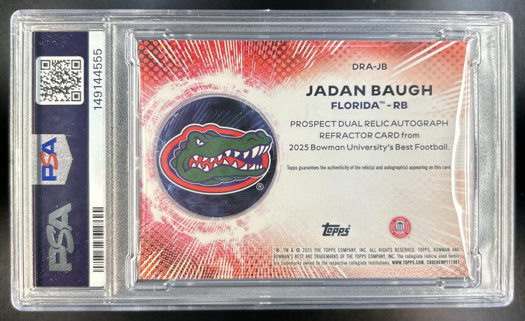 Jadan Baugh 2025 Bowman Best University #DRA-JB Prospect Dual Relic Auto Gators PSA 9