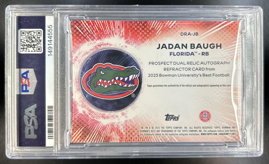 Jadan Baugh 2025 Bowman Best University #DRA-JB Prospect Dual Relic Auto Gators PSA 9