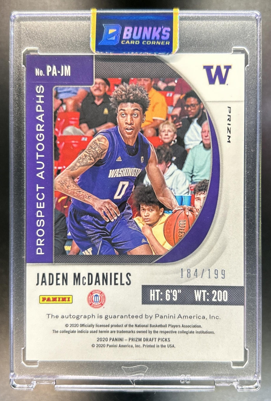 Jaden McDaniels 2020-21 Panini Prizm Draft Picks Collegiate #PA-JM Prospect Auto Red 184/199 RC Huskies