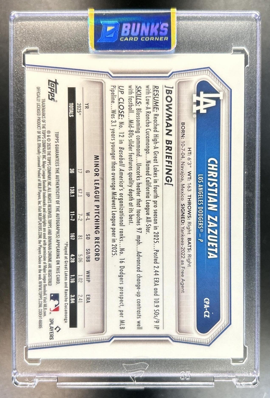 Christian Zazueta 2026 Bowman Chrome #CPA-CZ Auto Gum Ball Refractor 1/5 1st Prospect SSP Dodgers