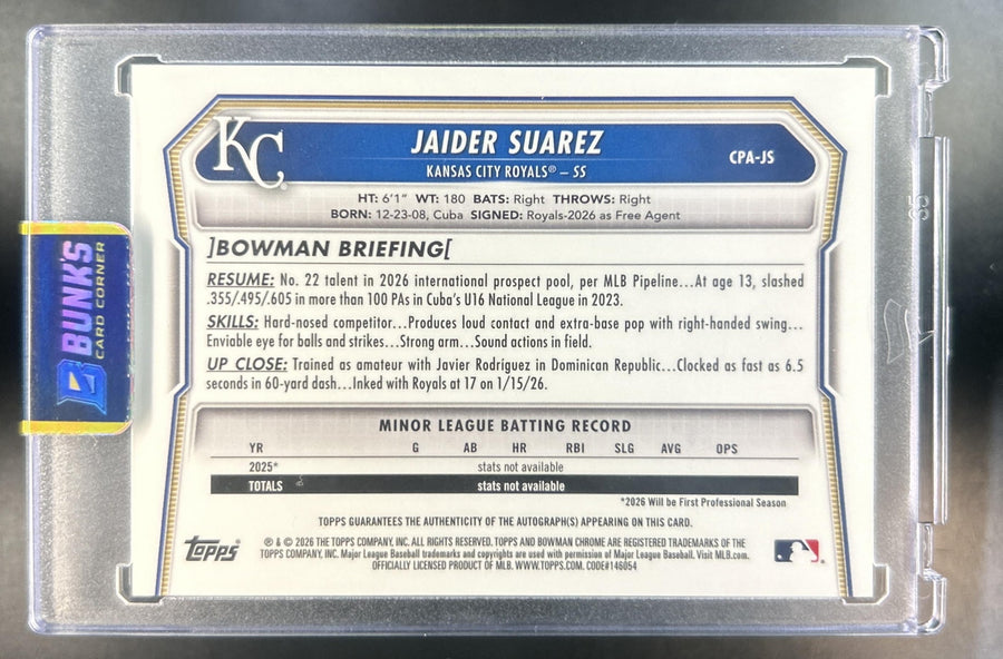 Jaider Suarez 2026 Bowman Chrome #CPA-JS Auto Speckle Refractor 262/299 1st Prospect Royals