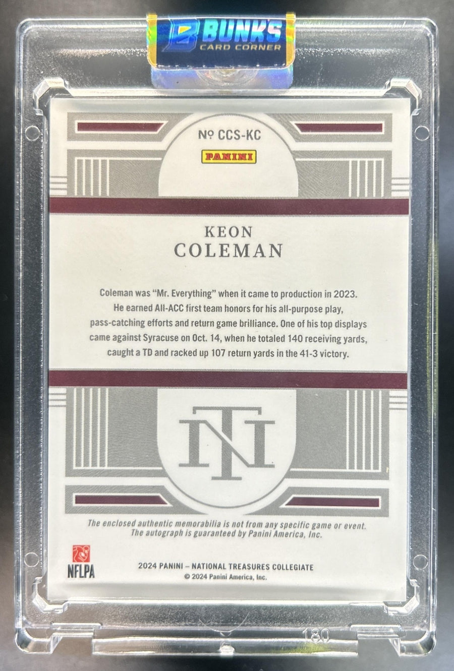 Keon Coleman 2024 Panini National Treasures Collegiate #CCS-KC College Silhouettes Signatures Blue 23/49 MEM Auto RC Seminoles