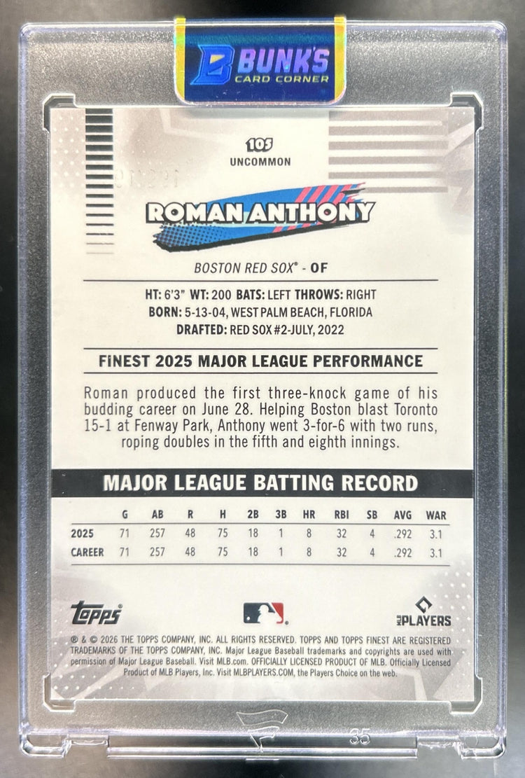 Roman Anthony 2026 Topps Finest #105 Uncommon Aqua Refractor 39/199 RC Red Sox