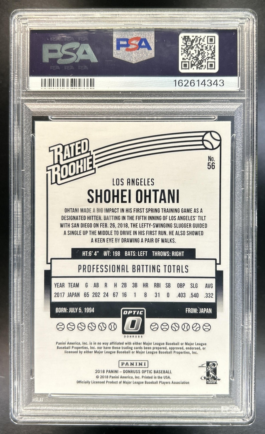 Shohei Ohtani 2018 Panini Donruss Optic #56 RC Rated Rookie Angels PSA 10
