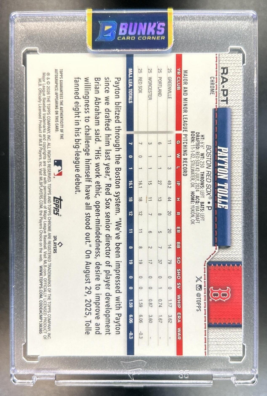 Payton Tolle 2026 Topps Chrome #RA-PT Rookie Auto RC Red Sox