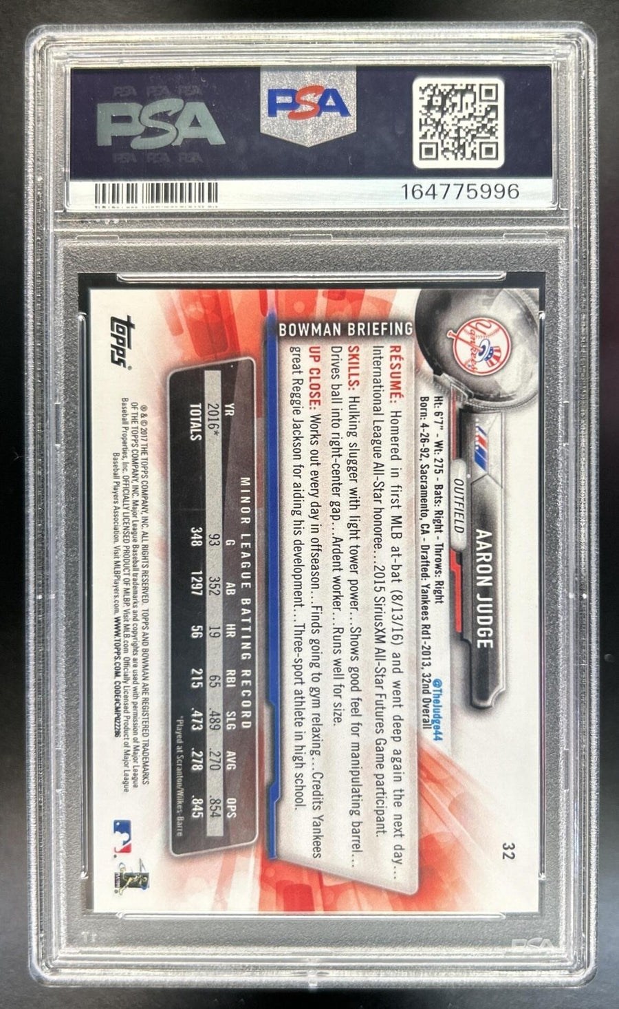 Aaron Judge 2017 Bowman #32 RC Yankees PSA 10