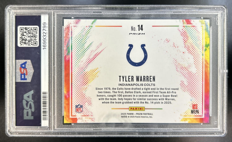 Tyler Warren 2025 Panini Prizm #14 Color Blast RC Colts Rc PSA 10