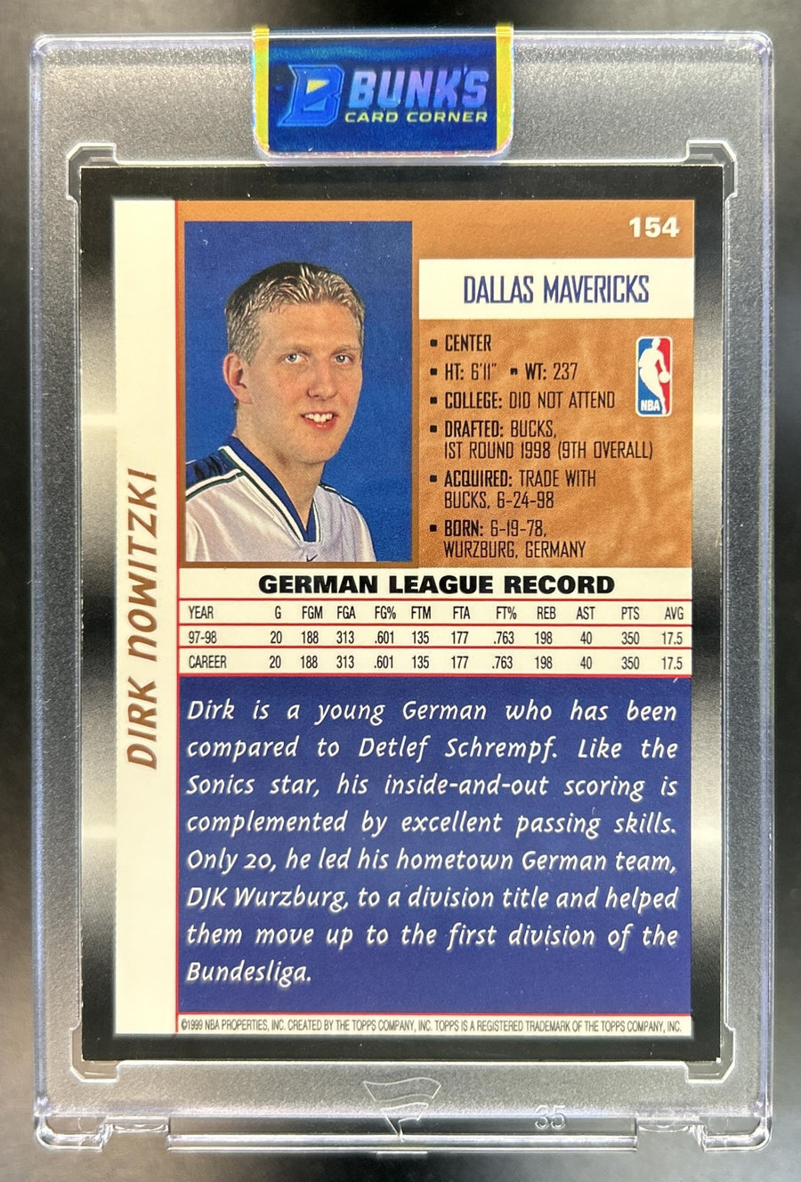 Dirk Nowitzki 1998-99 Topps #154 RC Mavericks
