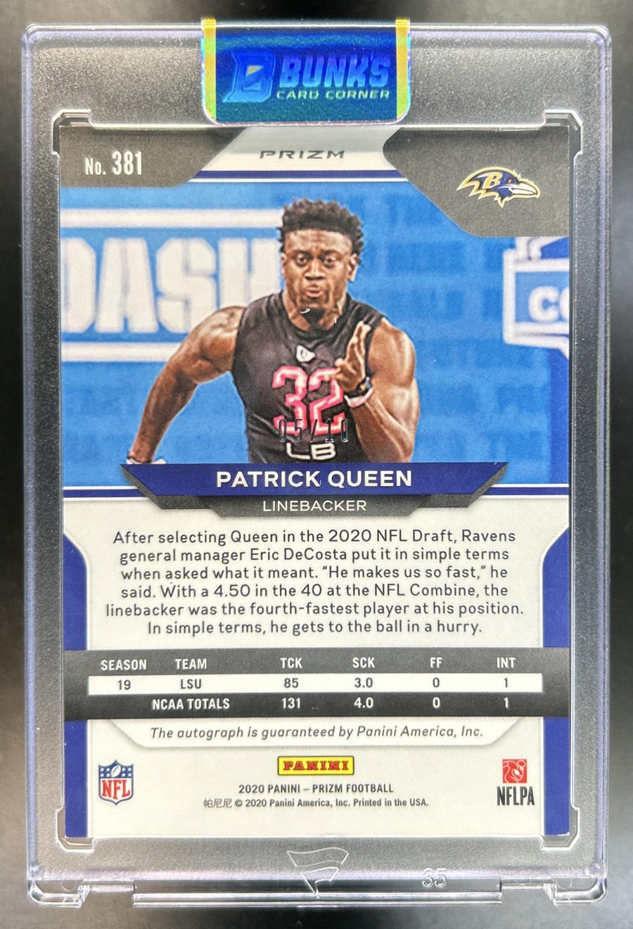 Patrick Queen 2020 Panini Prizm #381 Rookie Auto No Huddle Gold 5/10 RC Ravens