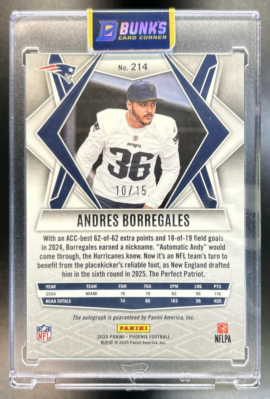Andres Borregales 2025 Panini Phoenix #214 Rookies Auto Mojo Prizm 10 RC Patriots