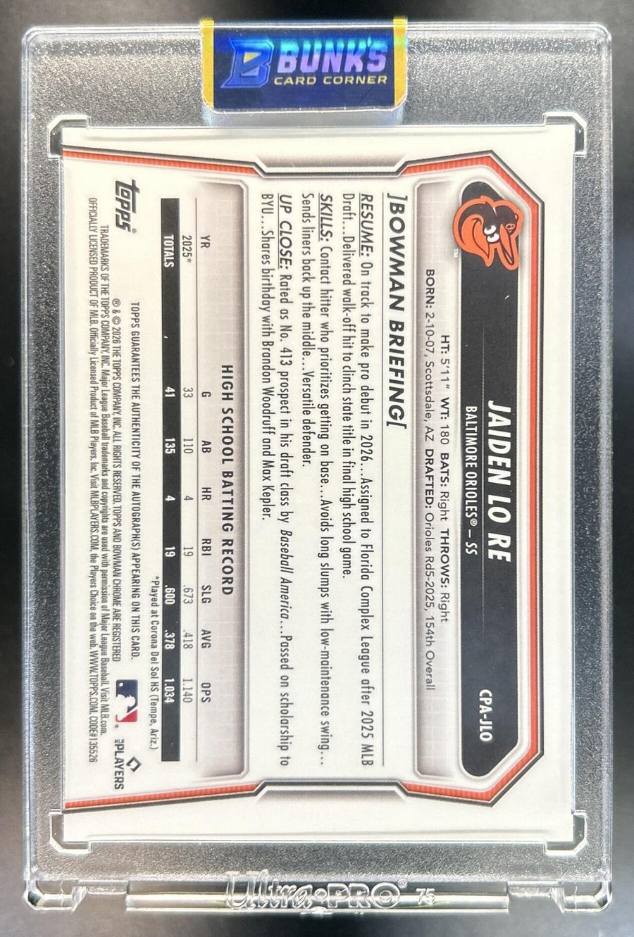 Jaiden Lo Re 2026 Bowman Chrome #CPA-JLO Auto Speckle Refractor 18/299 1st Prospect Orioles