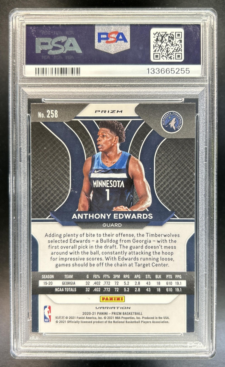 Anthony Edwards 2020-21 Panini Prizm #258 Fast Break Prizms RC Timberwolves PSA 9
