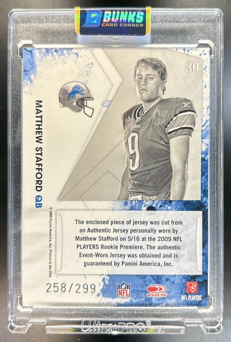 Matthew Stafford 2009 Panini Donruss Rookies & Stars #30 Freshman Orientation Materials Jerseys 258/299 MEM RC Lions