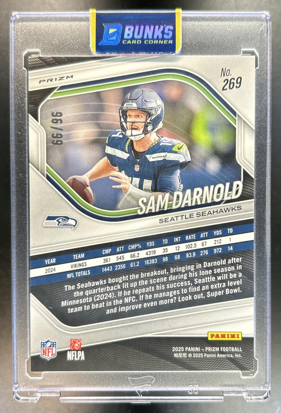 Sam Darnold 2025 Panini Prizm #269 No Huddle Red 96/99 Seahawks