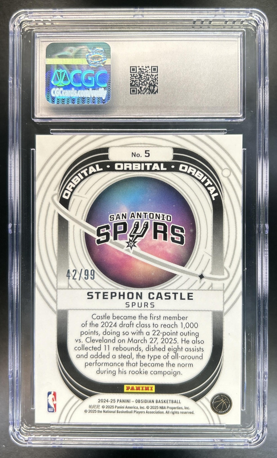 Stephon Castle 2024-25 Panini Obsidian #5 Orbital Electric Etch Orange Flood 42 RC Spurs CGC 10