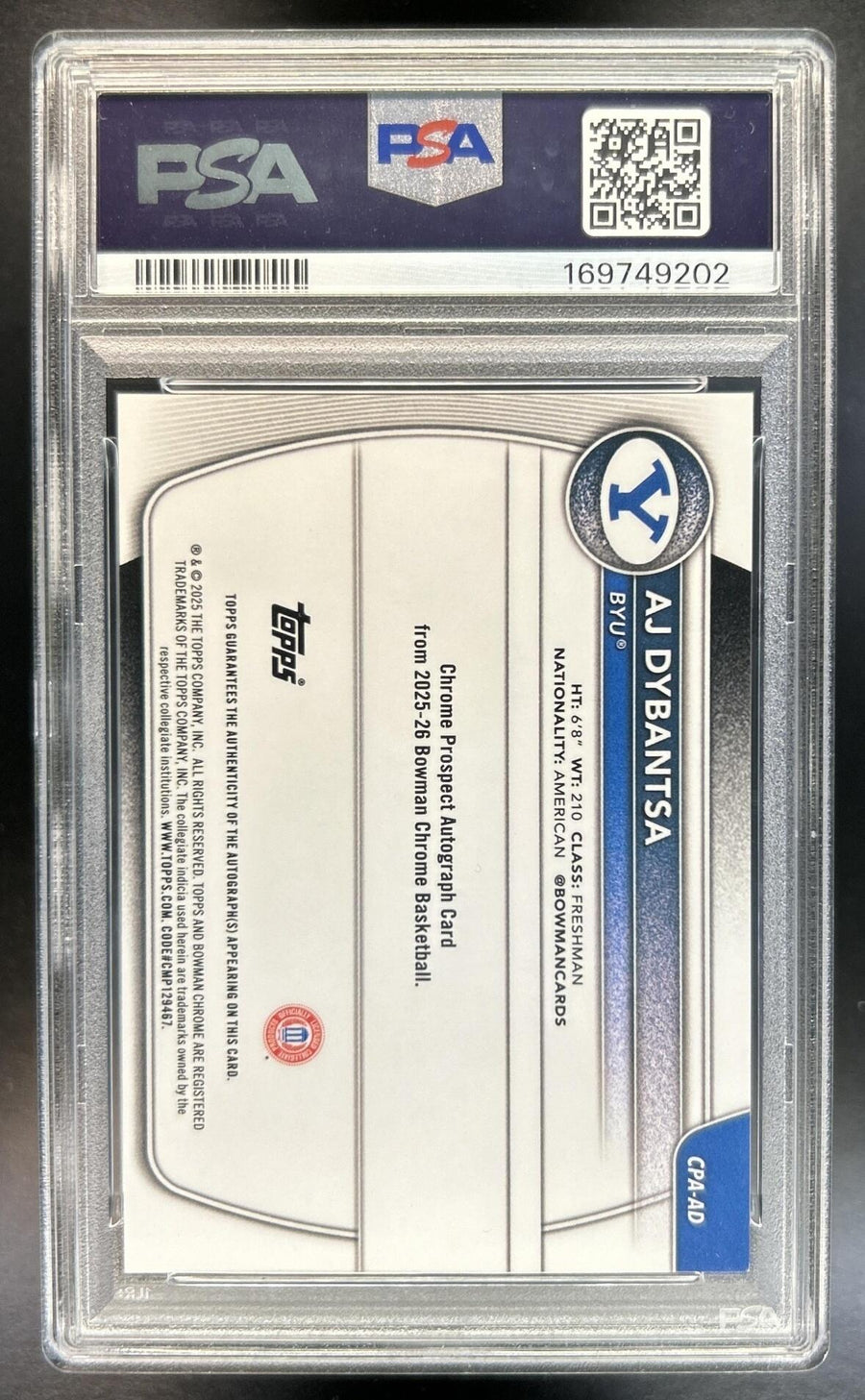 AJ Dybantsa 2025-26 Bowman #CPA-AD Chrome Auto Green Shimmer Refractor 74/99 1st Prospect Cougars PSA 9