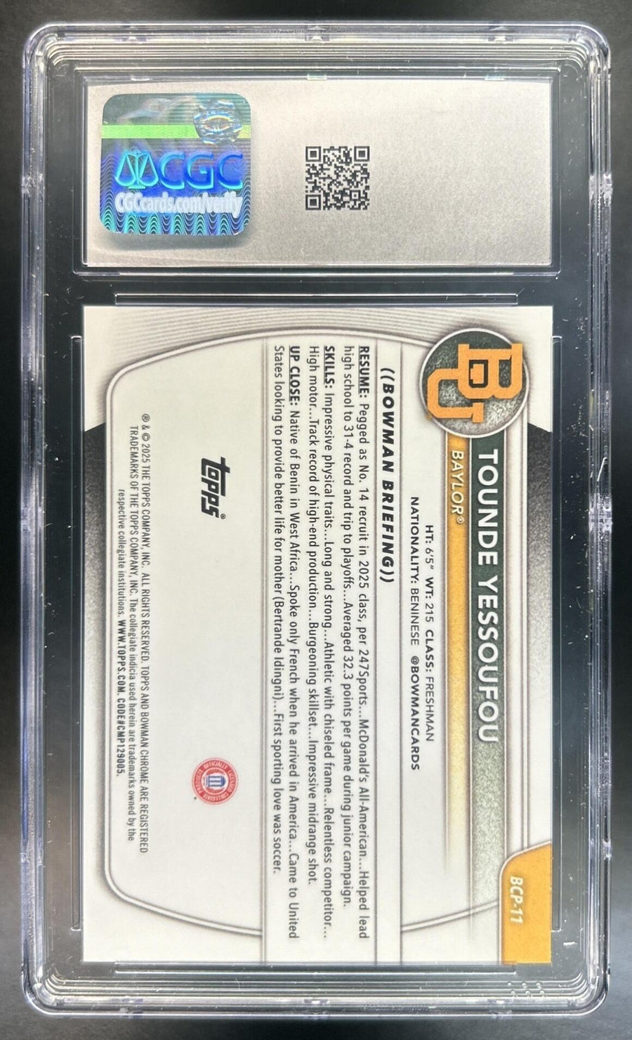 Tounde Yessoufou 2025-26 Bowman #BCP-11 Chrome Rose Gold Mini Diamond Refractor 4/15 1st Prospect Bears CGC 10