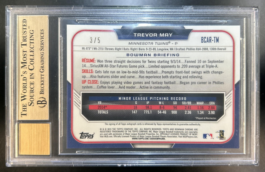Trevor May 2015 Bowman #BCAR-TM Chrome Rookie Auto RC Twins 3/5 BGS 9.5/10