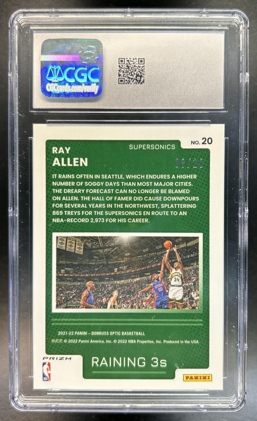 Ray Allen 2021-22 Panini Donruss Optic #20 Raining 3s Gold Pulsar Prizm 8/10 Supersonics CGC 10