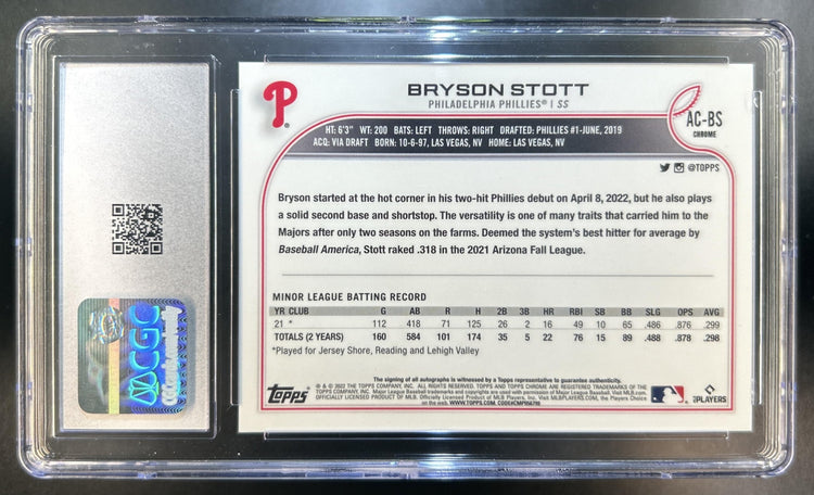 Bryson Stott 2022 Topps Chrome Update #AC-BS Auto RC Phillies CGC 10/9