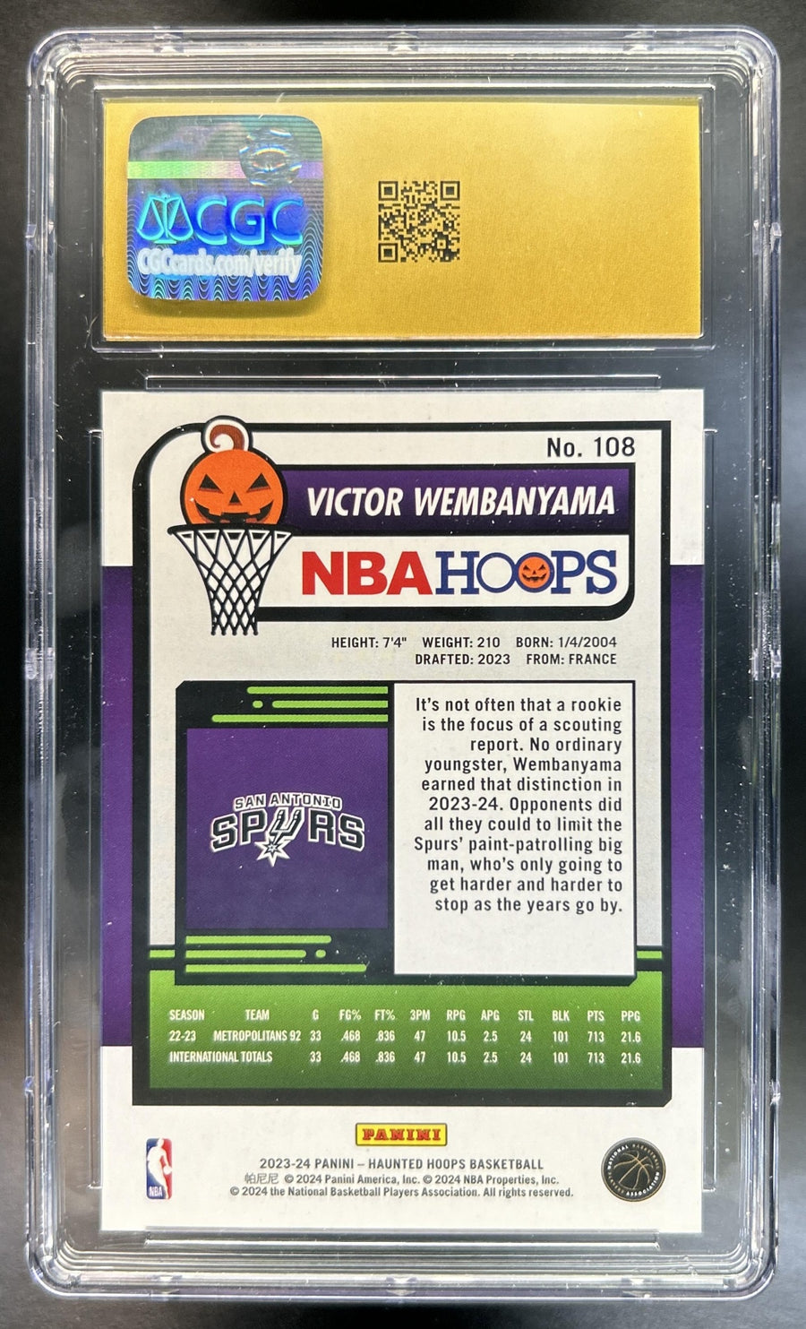 Victor Wembanyama 2023-24 Panini Haunted Hoops #108 RC Spurs CGC 10