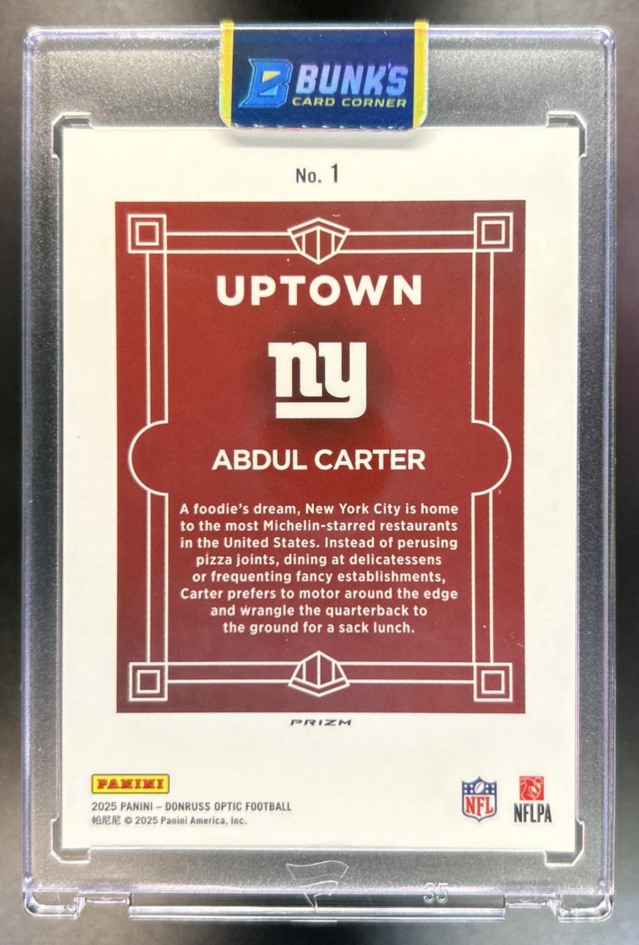 Abdul Carter 2025 Panini Donruss Optic #1 Uptown RC SSP Giants