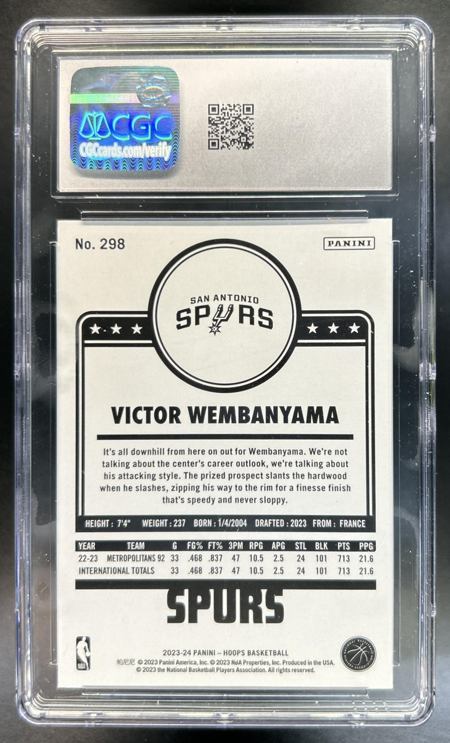 Victor Wembanyama 2023-24 Panini Hoops Winter #298 RC Spurs CGC 10