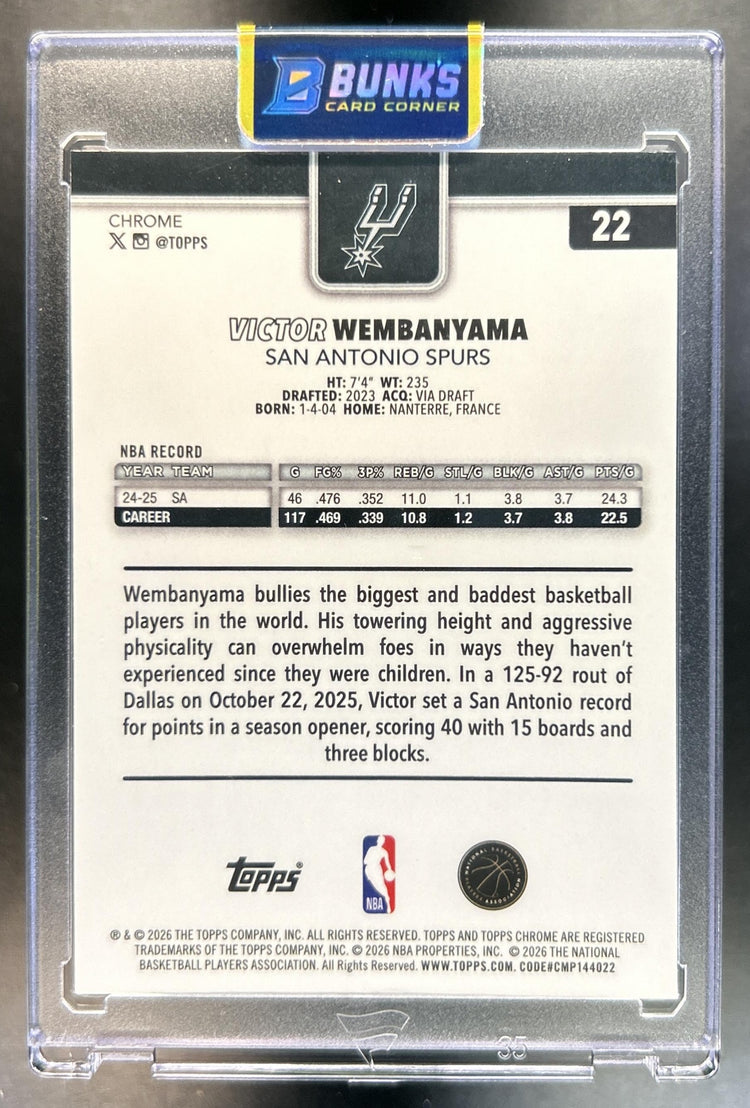 Victor Wembanyama 2025-26 Topps Chrome Update #22 Ray Wave Refractor Spurs