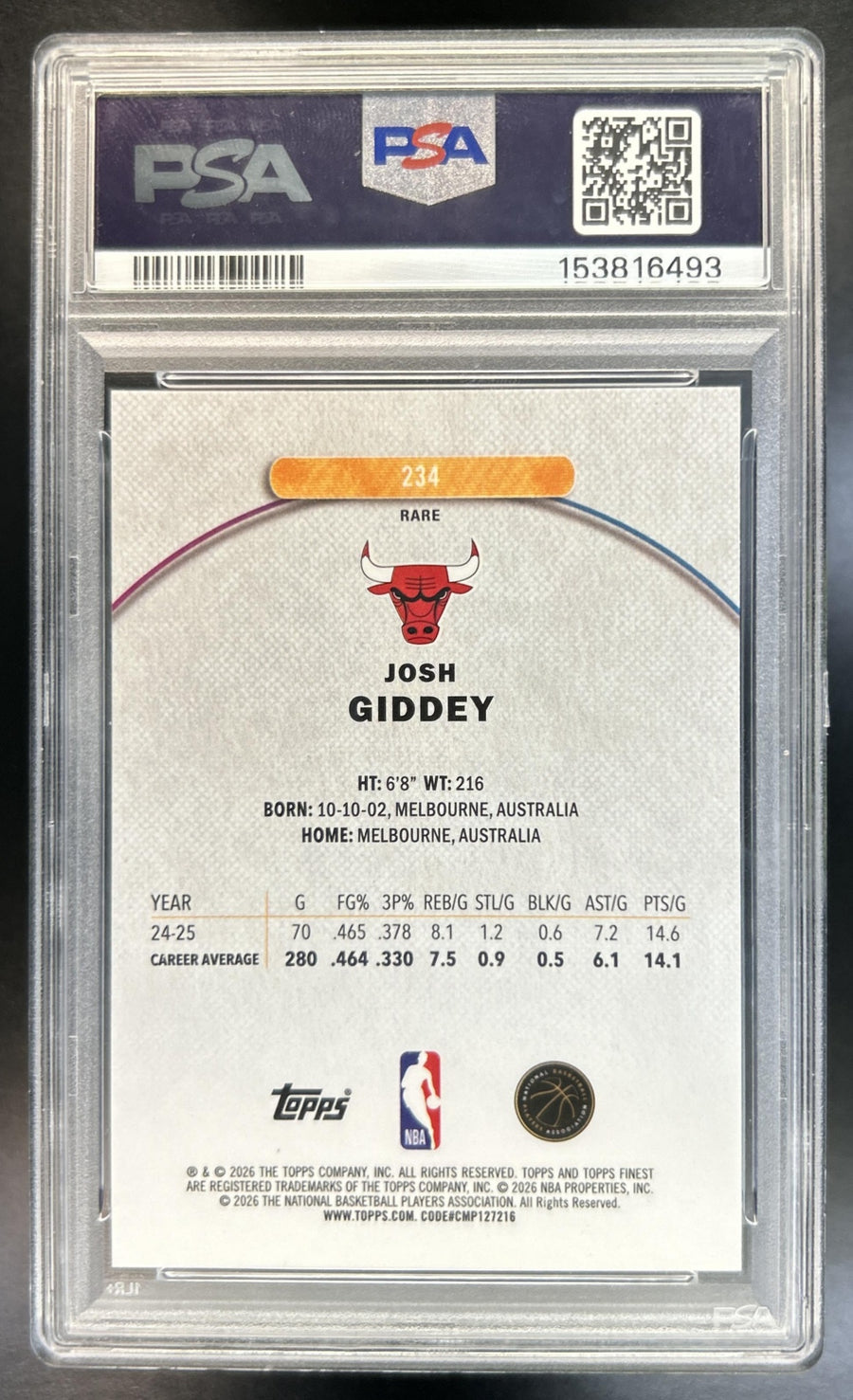 Josh Giddey 2025-26 Topps Finest #234 Red Refractor Bulls PSA 10