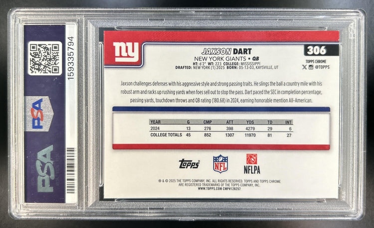 Jaxson Dart 2025 Topps Chrome #306 Rookie Red/White/Blue Refractor RC Giants PSA 8
