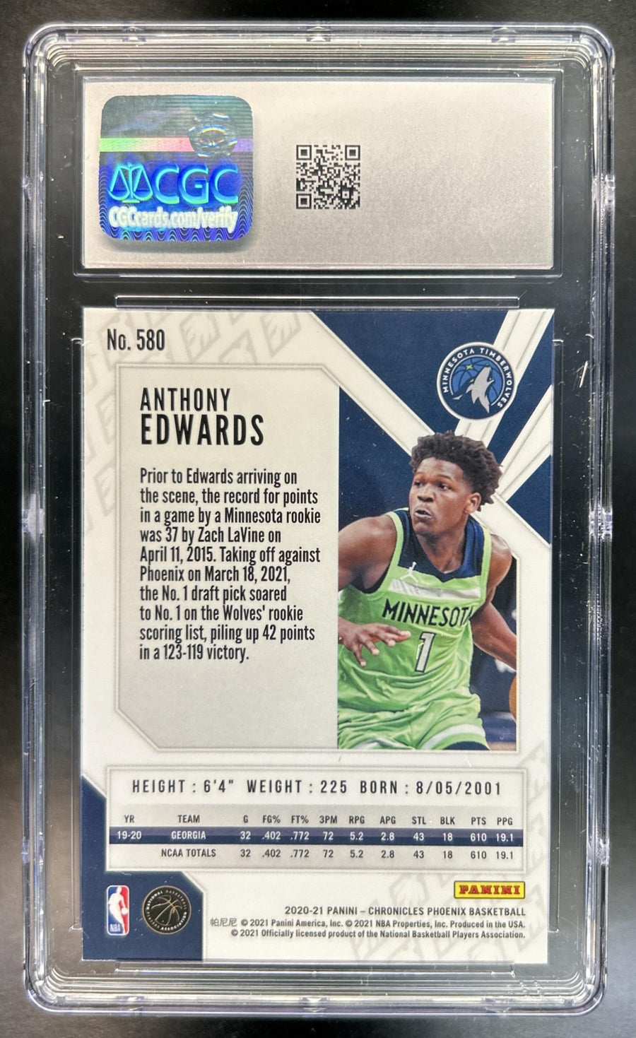 Anthony Edwards 2020-21 Panini Chronicles #580 Silver RC Timberwolves CGC 10