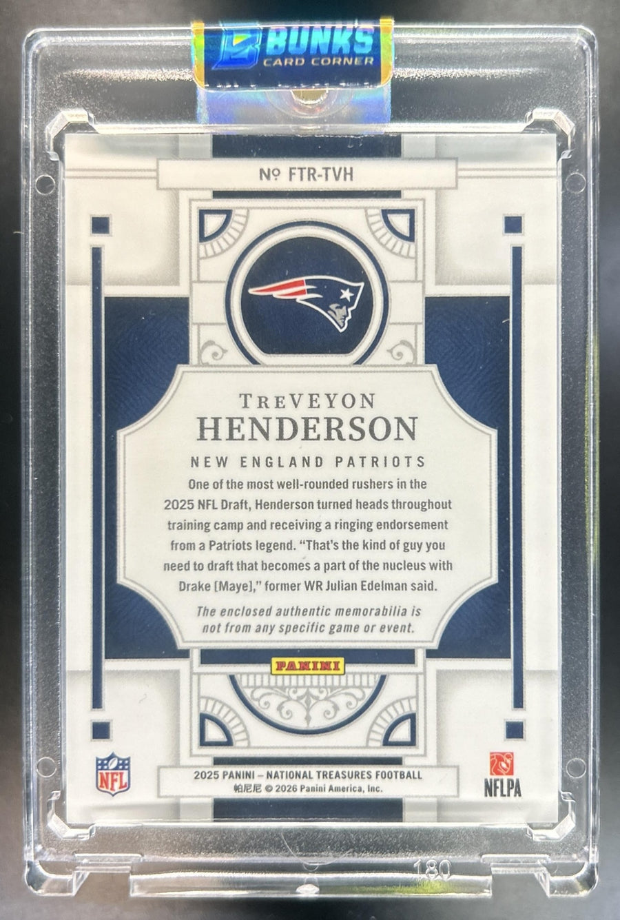 TreVeyon Henderson 2025 Panini National Treasures #FTR-TVH Rookie Dual Materials 41/49 MEM RC Patriots