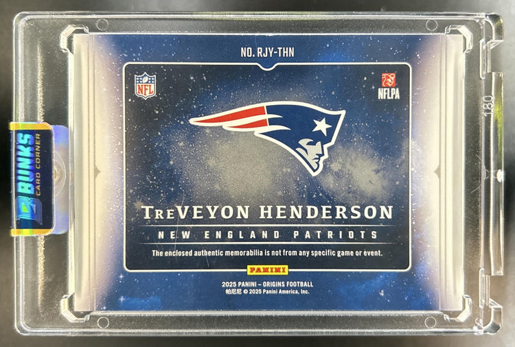 TreVeyon Henderson 2025 Panini Origins #RJY-THN Rookie Jumbo Jersey Orange 57/75 RC Patriots