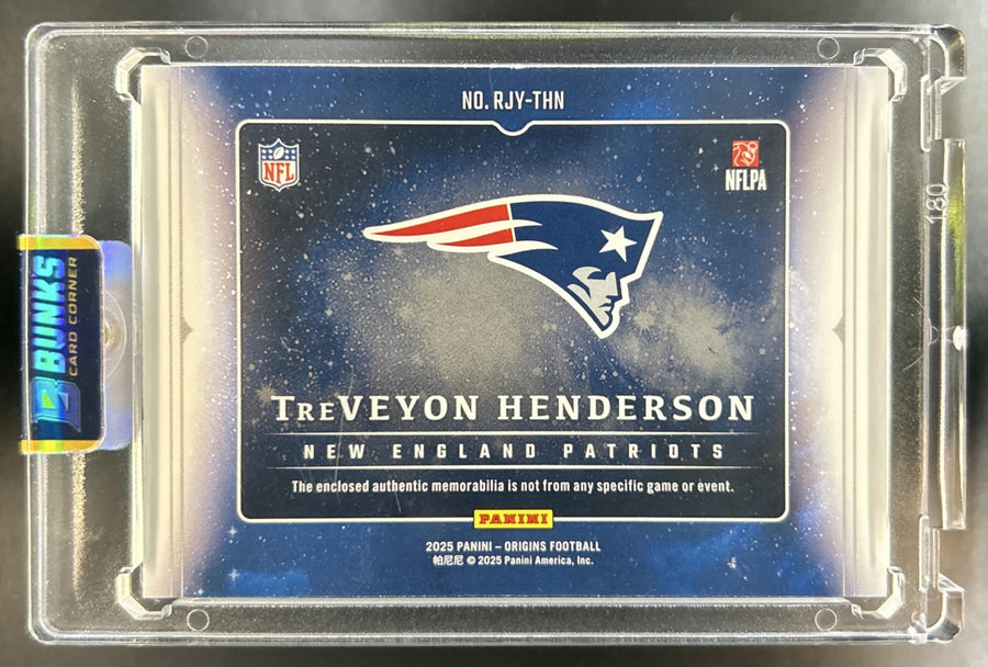 TreVeyon Henderson 2025 Panini Origins #RJY-THN Rookie Jumbo Jersey Orange 57/75 RC Patriots