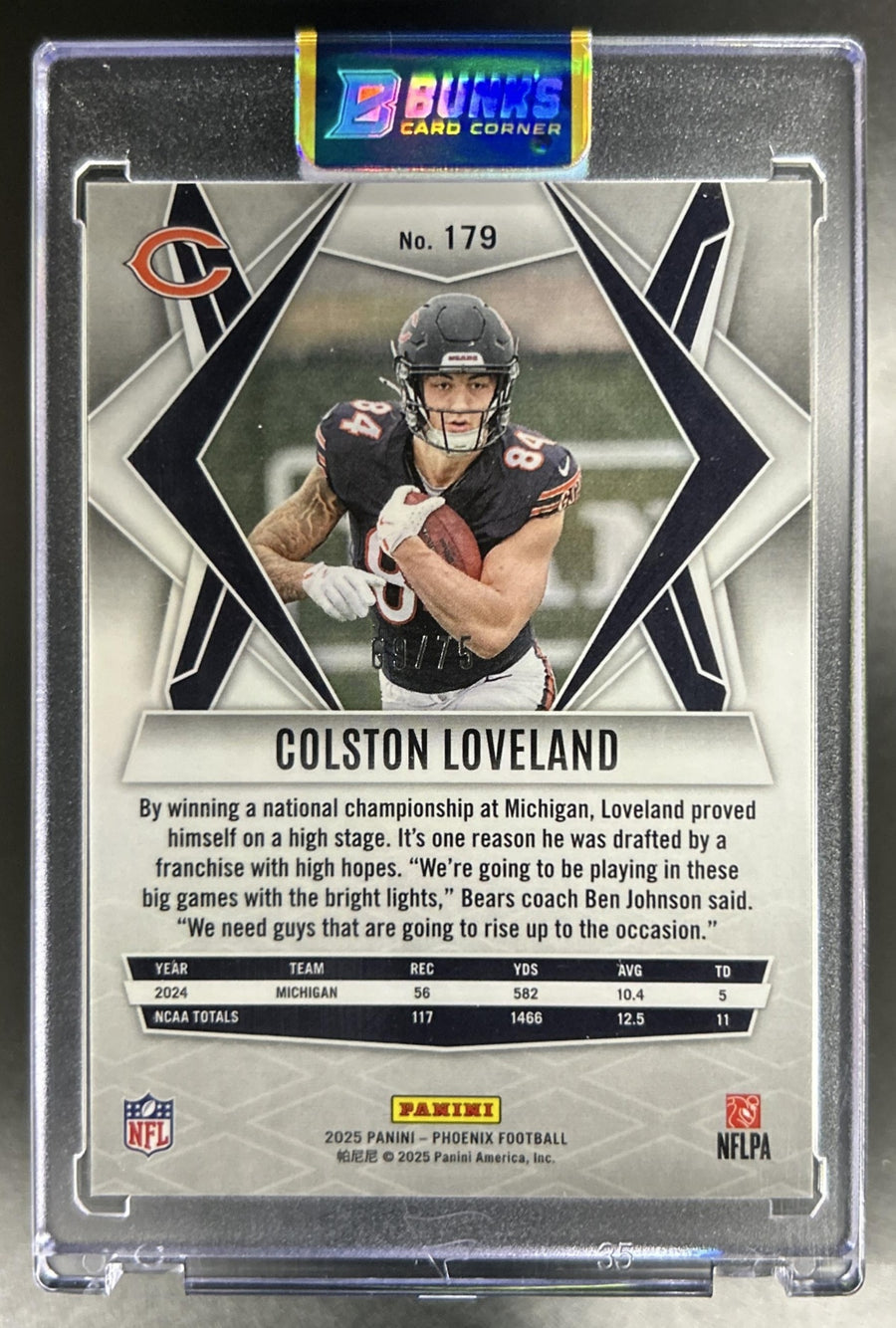 Colston Loveland 2025 Panini Phoenix #179 Pink Seismic Prizm 9/75 RC Bears