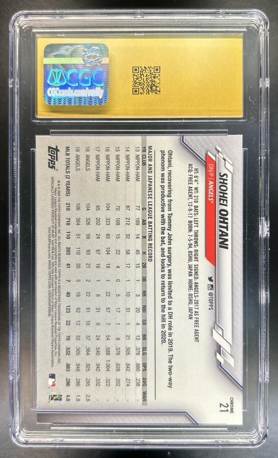 Shohei Ohtani 2020 Topps Chrome #21 Angels CGC Pristine 10