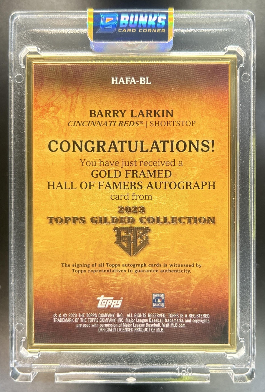 Barry Larkin 2023 Topps Gilded Collection #HAFA-BL Gold Framed Hall of Famers Auto Rose 50/50 Reds