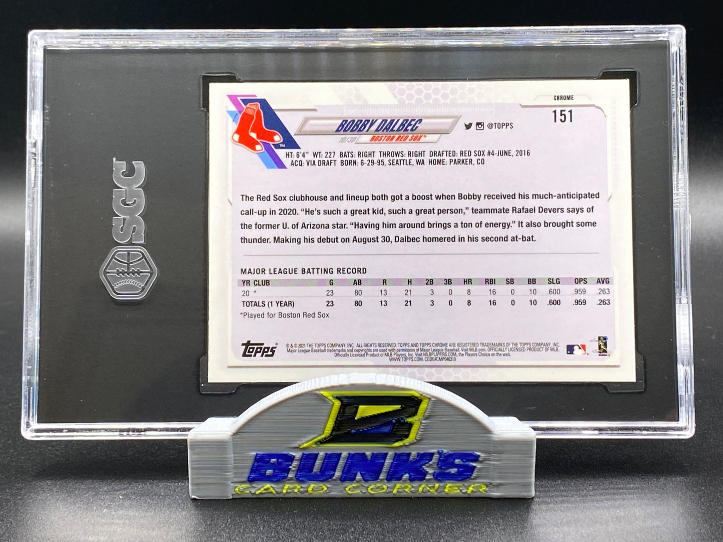 2021 Bobby Dalbec Rookie Card Pink Refractor SGC 9.5 (Box 14)
